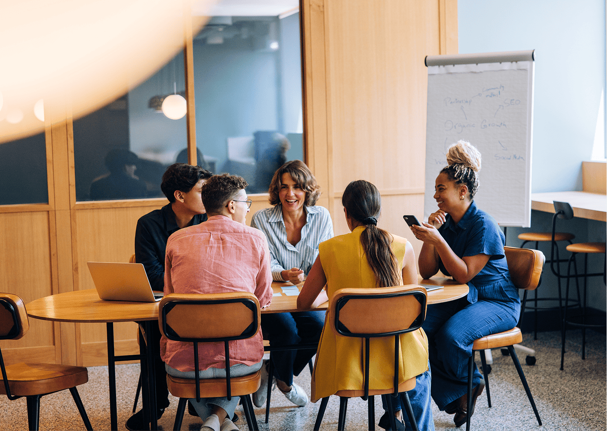 Team meeting in a modern office setting.