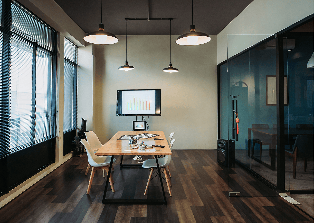 Modern office with conference room setup.
