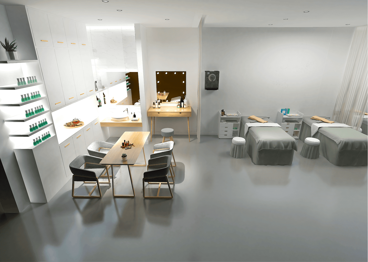 Modern spa treatment room with massage tables.