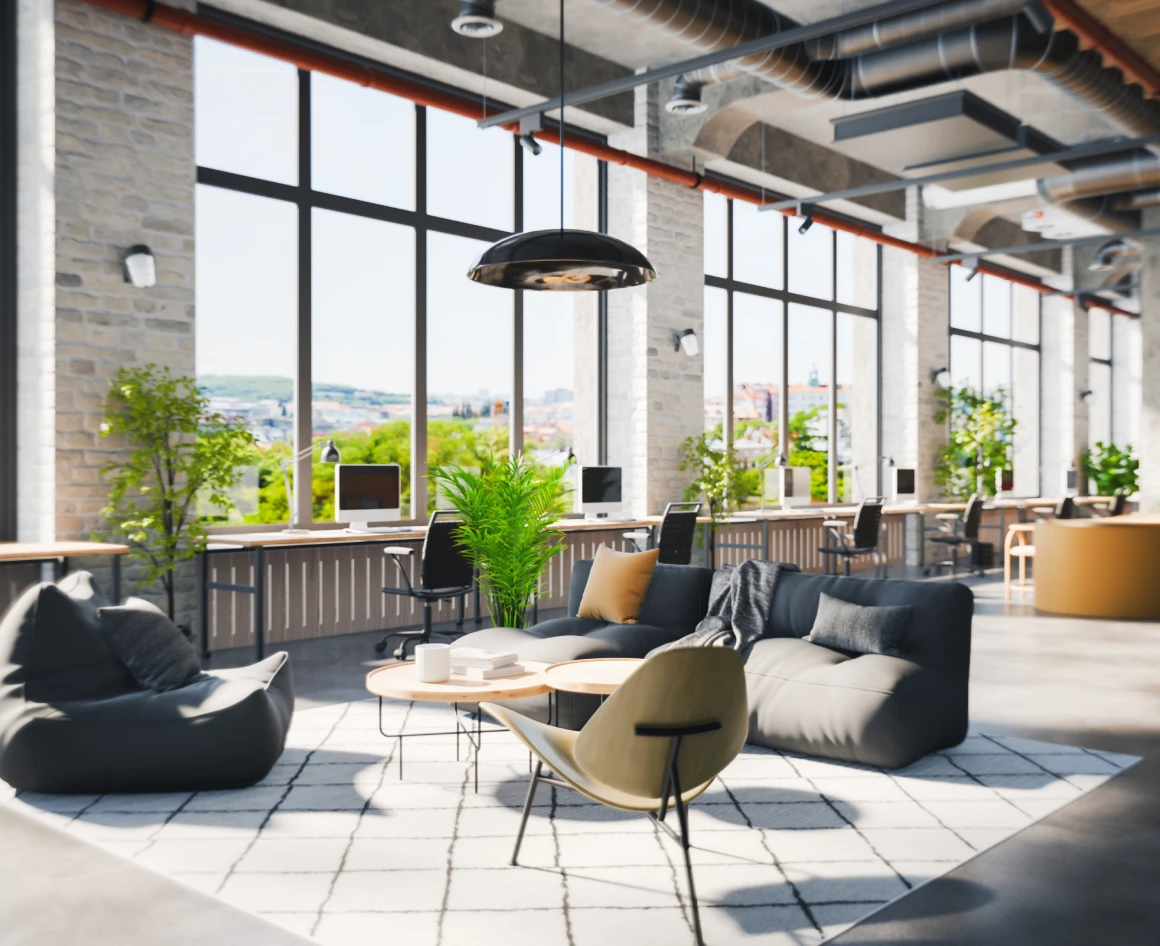 Modern open-plan office with large windows.