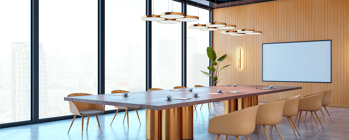 Modern conference room with large windows.