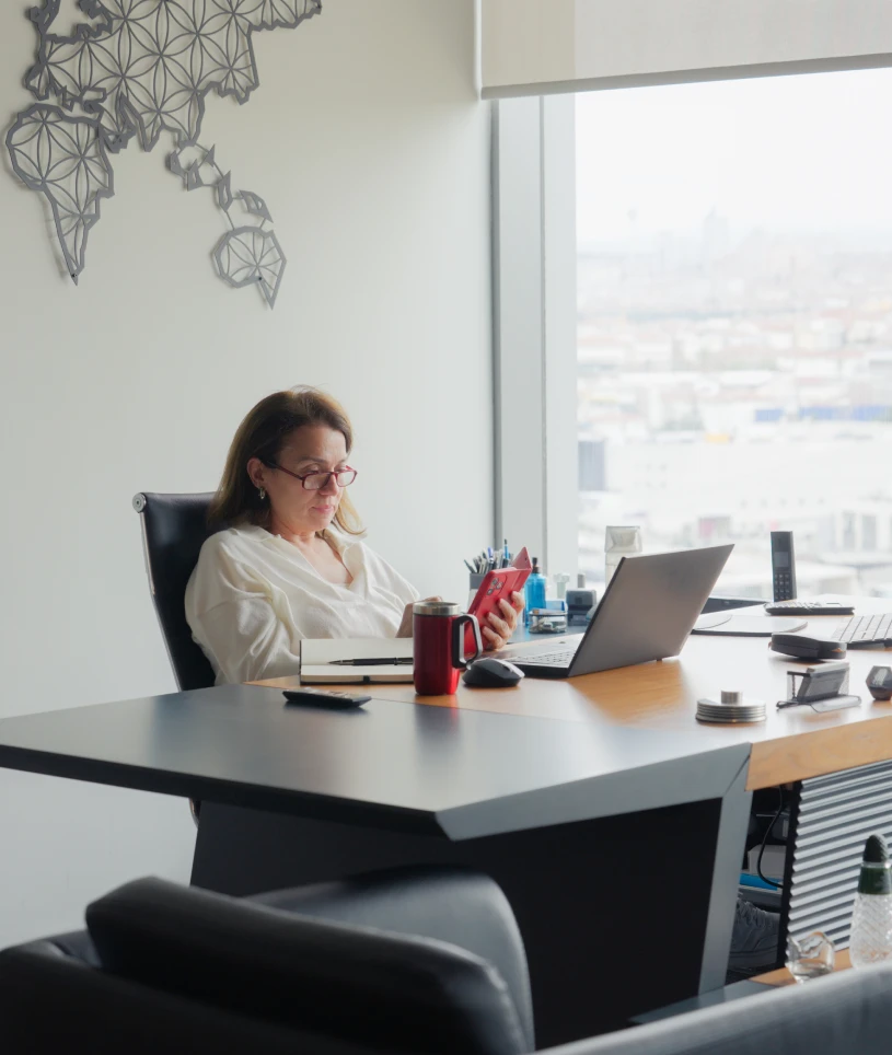 Woman working at desk in office.